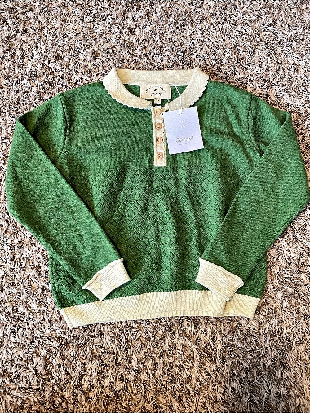 NWT Birinit Girls' Green & Cream Knit Sweater Size 6Y